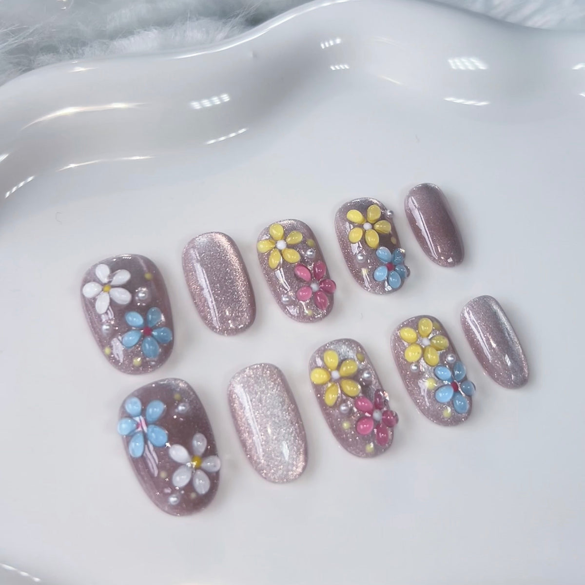 Pink floral handmade press-on nails